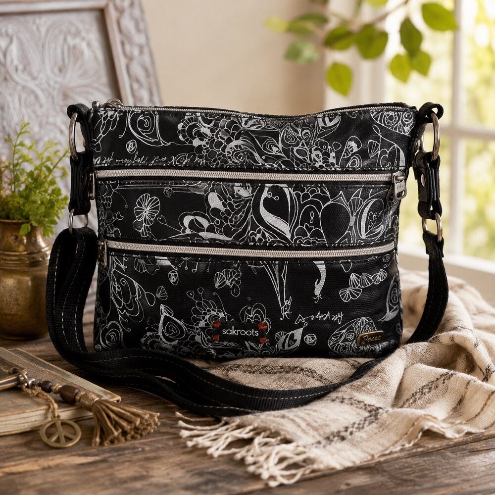 Sakroots Black Silver Peace Crossbody Organizer Bag Triple Zip Adjustable Strap - Picture 14 of 14